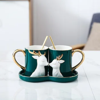 2 buc/Set Creativ Ceramice Cuplu Cupa Dragoste Cana cu Lingura în Tava Capac Nunta Ziua Îndrăgostiților Cadouri de Ziua de nastere Cu o Cutie-Cadou