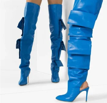 Albastru Piele Neagra Buzunar Designer Peste Cizme Genunchi Femeii A Subliniat Toe Sandale Stilet Tocuri Inalte Cavaler Cizme Lungi De Pantofi