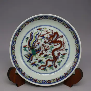 Antic Vechi QingDynasty farfurie de portelan,dragon&phoenix,mână-pictat meserii,Decorare,cel mai bun de colectare & podoabă, transport Gratuit
