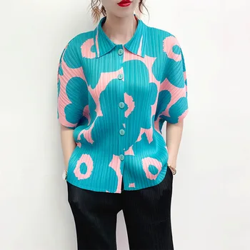 Bluza femei de Vară 2021 Noua Moda Tipărite Întinde Miyake Cutat Rândul său, în Jos Guler, Mâneci lungi Singur Pieptul Topuri Largi