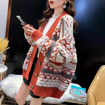 Casual Supradimensionat Jacquard Cardigan Pulover Gros de Moda coreeană Cald Tricotate Haina Uza Tricotaje pentru Femei 2021 Jersey X269