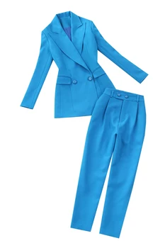 Femei costum de moda noua 2 seturi de temperament lacul albastru Subțire costum la două rânduri + talie înaltă, picioare pantaloni elegant din doua piese