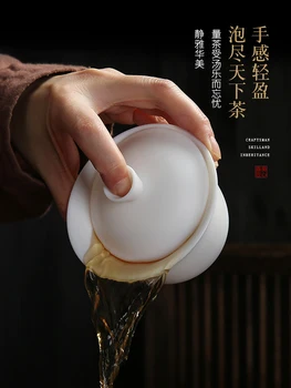 Manual de Ceasca si Farfurie din Ceramica Alb Stil Chinezesc Ceașcă de Ceai Castron cu Capac Pigmentate Jogo De Cha Consumabile Bucatarie