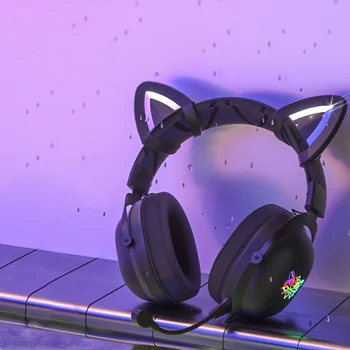 Set de Căști pentru jocuri Cu Detașabil Urechi de Pisică Pentru PS4 Comutatorul PC Anulare a Zgomotului Peste Ureche Căști Cu Microfon Lumina RGB(Negru)
