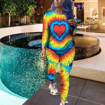 SET de DOUĂ PIESE Rainbow Print T Camasa Maneca Lunga de Design Trening Femei Costume de trening, de Culoare Multi Haine Plus Dimensiunea Petrecere Club 2 Pc