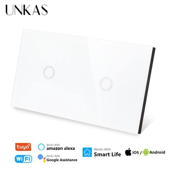 UNKAS 2 Banda Wifi Standard UE Touch Smart Switch Alb Cristal de Sticlă 157mm Panoul de Îmbunătățire Acasă de Lucru Tuya