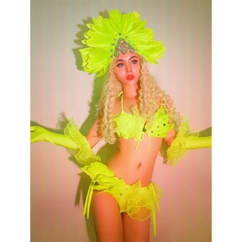 Verde Fluorescent Pene Frizură Bikini Club de noapte Duce Show Costume Femei Cantareata Dj Gogo Festivalul de Îmbrăcăminte VDB3385