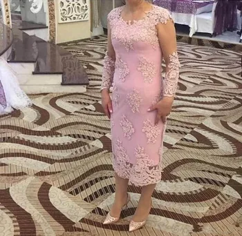 Vestido novia Aplici Ceai de Lungime Elegant Nunti Petrecere rochie de Seara 2018 Bijuterie Mâneci Lungi dantelă Rochii De Mame