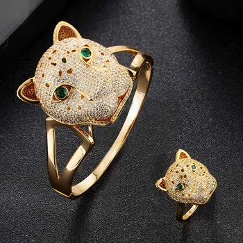 Zlxgirl bijuterii de lux de brand mare leopard brățară inel de bijuterii seturi complete mirco deschide zirconia brățară & pandantiv cu anel set bijoux